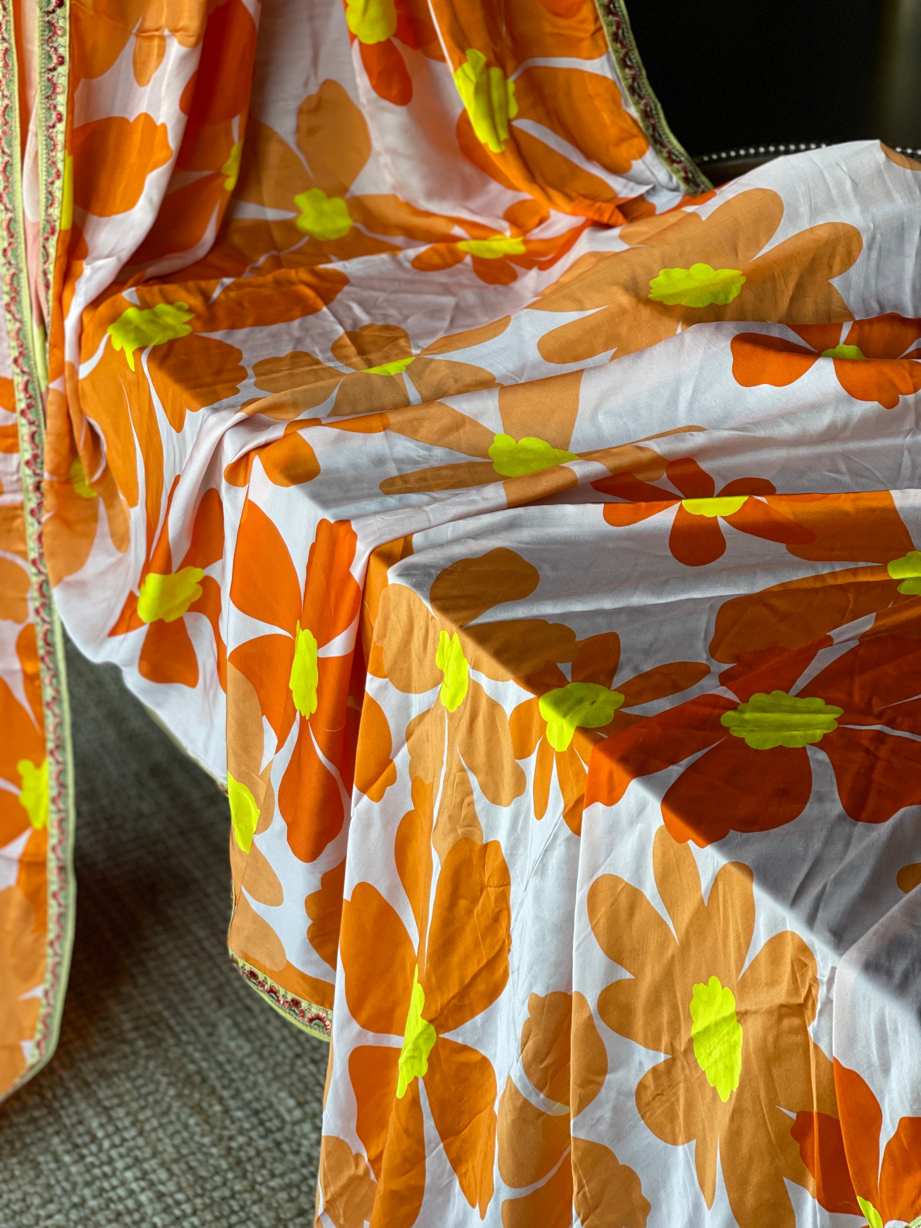 Designer Satin Maslin Silk - Light Peach Pink Yellow