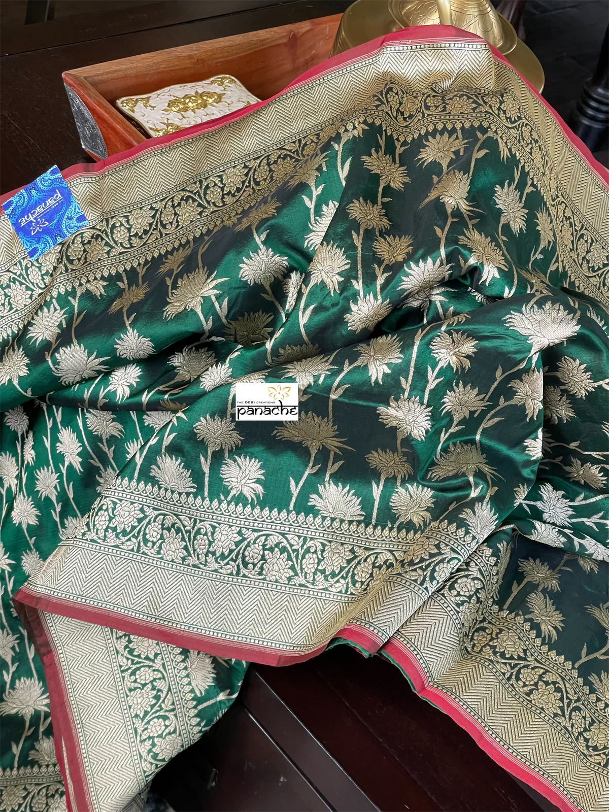 Pure Silk Banarasi - Green Red Antique Golden Zari