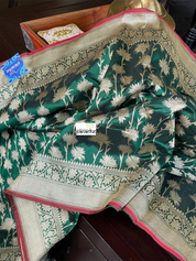 Pure Silk Banarasi - Green Red Antique Golden Zari