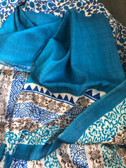 Tussar Silk - Printed Offwhite Firozi Royal Blue