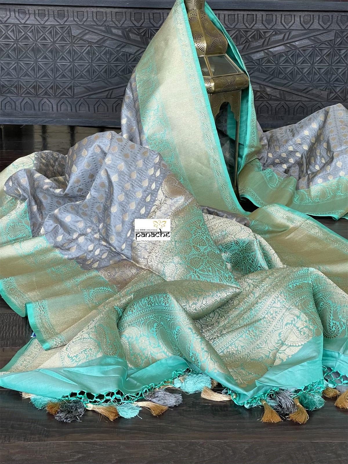 Pure Katan Silk Banarasi - Grey Sea Green Checkered