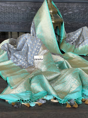 Pure Katan Silk Banarasi - Grey Sea Green Checkered