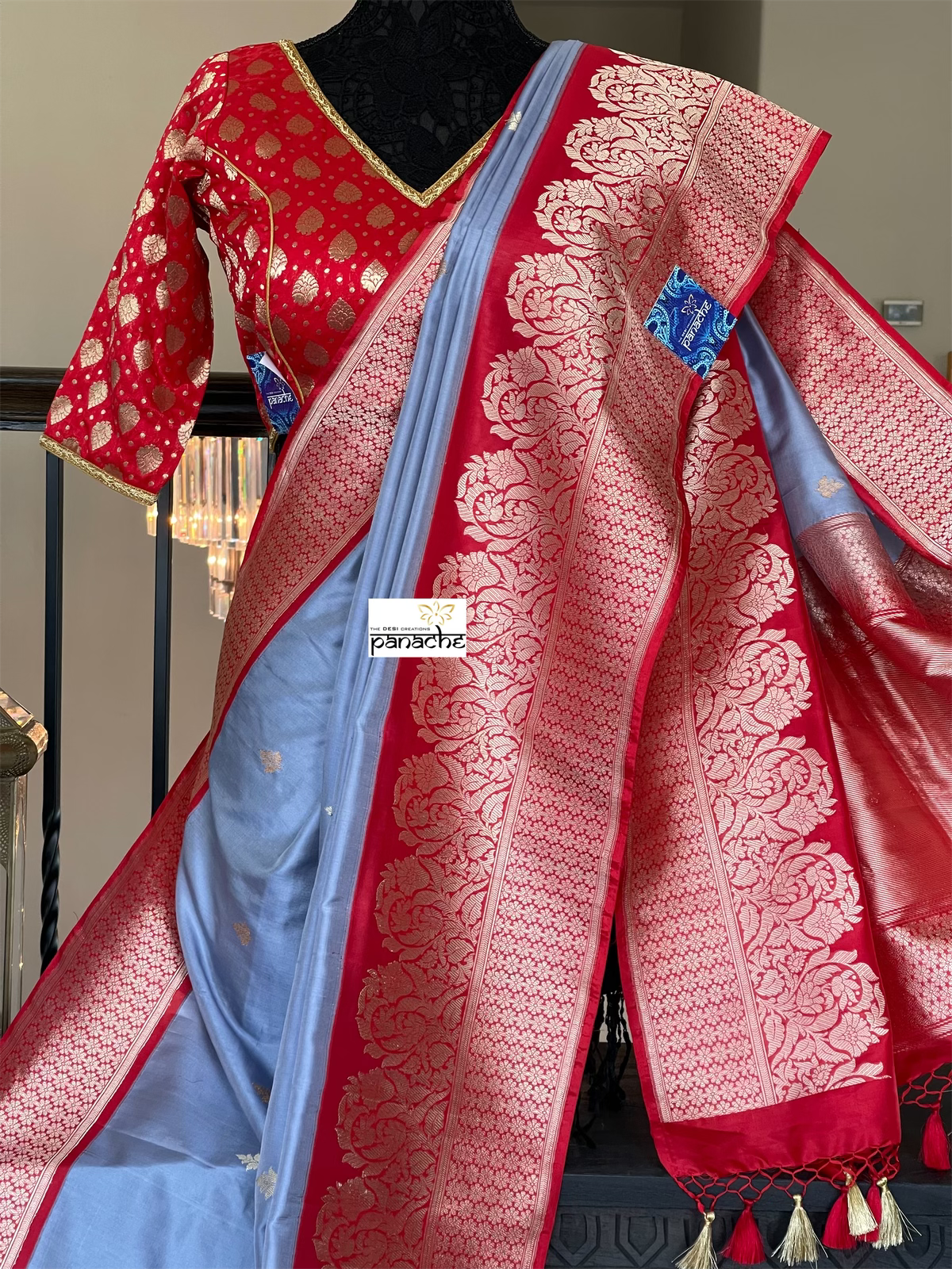 Katan Silk Banarasi - Bluish Grey Red