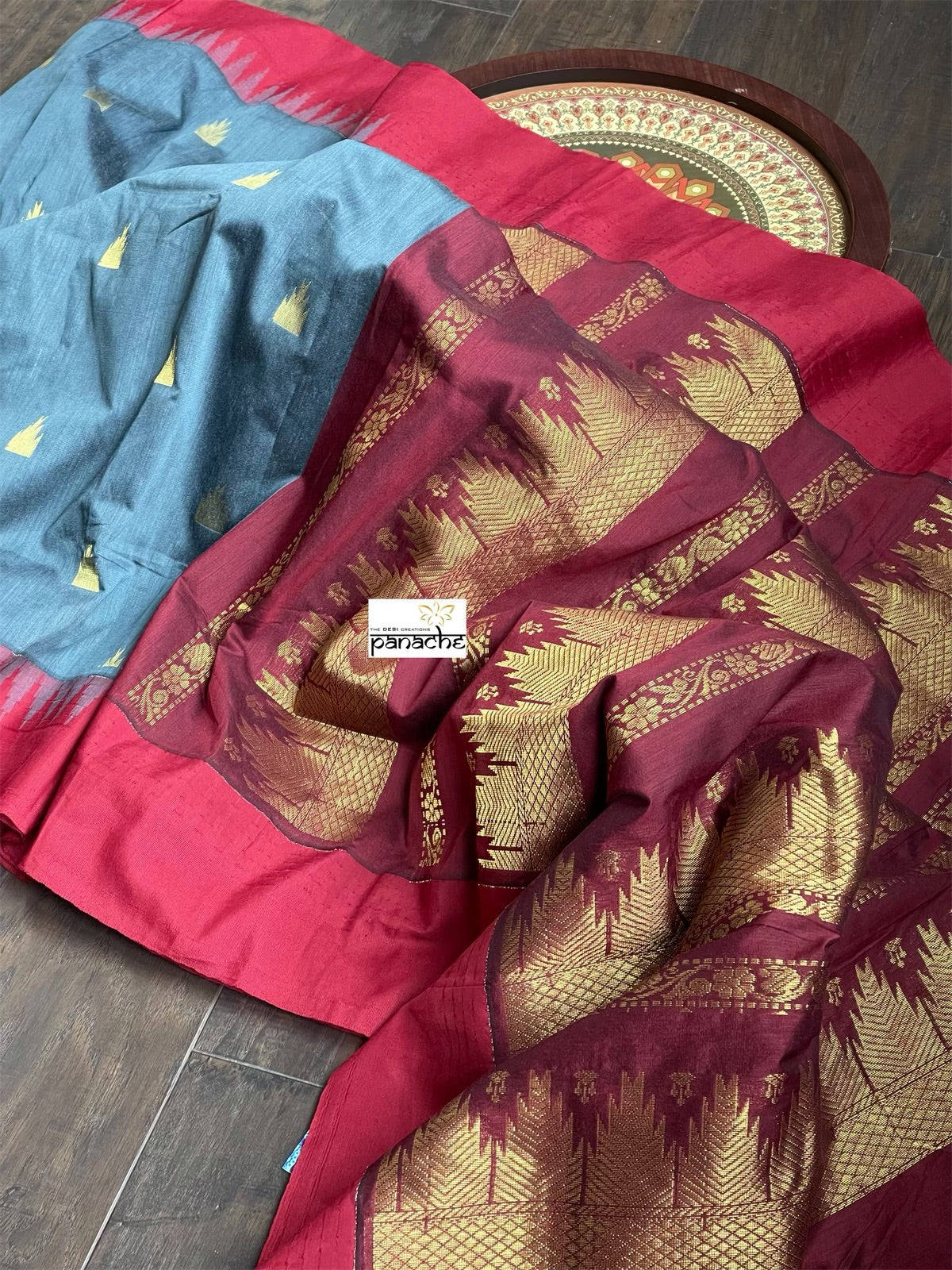Gadwal Cotton Silk - Grey Maroon