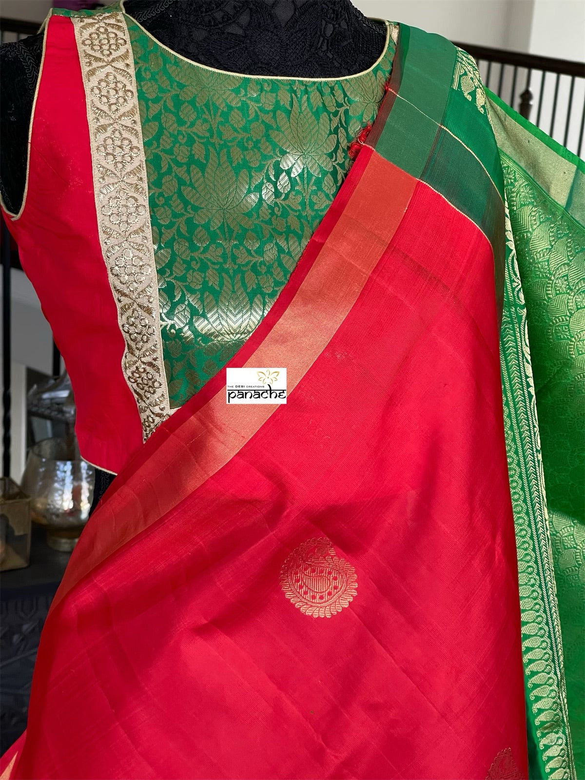 Pure Silk Kanjivaram - Red Green Paisley