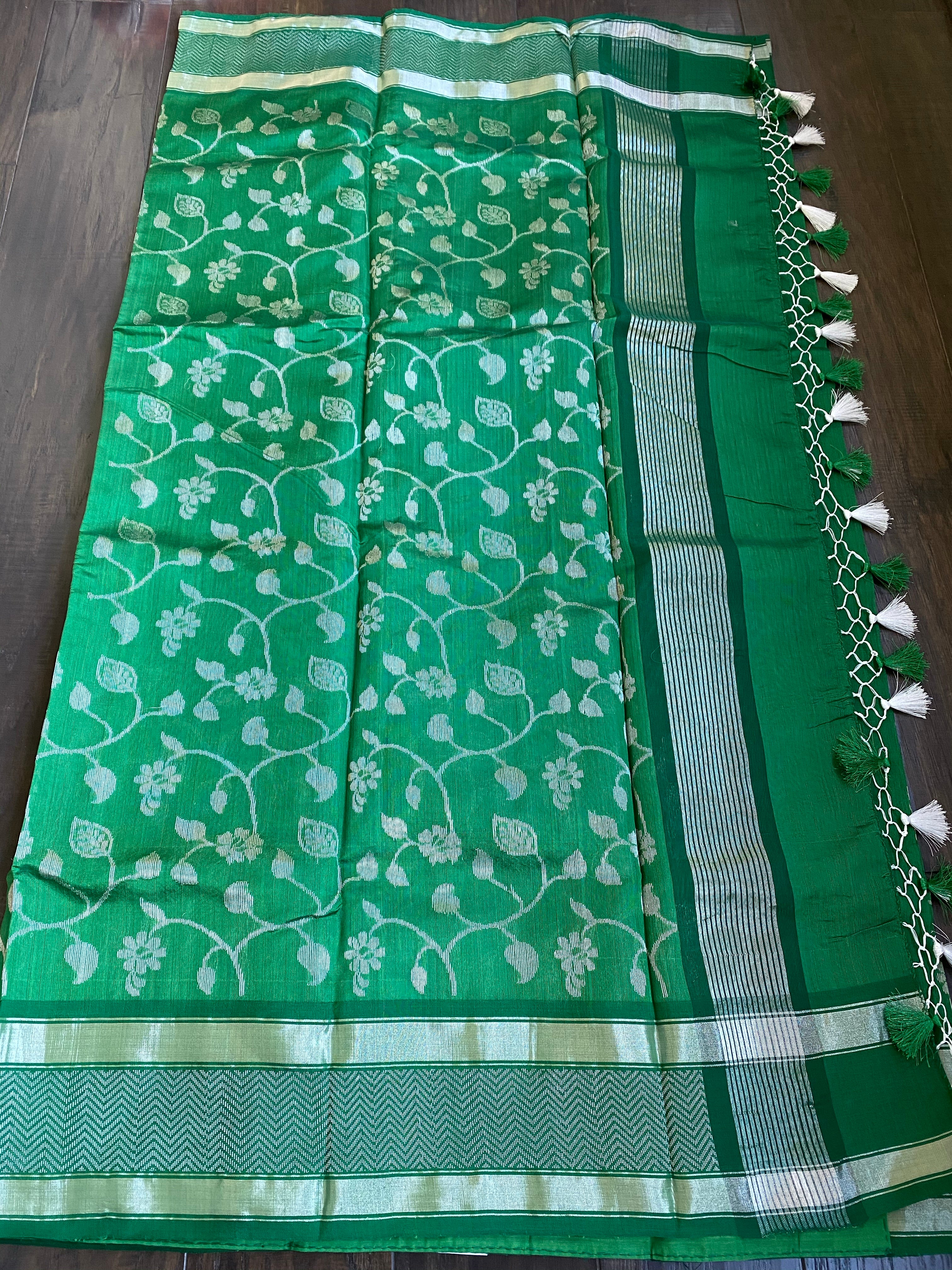 Pure Chanderi Silk - Green Silver Zari
