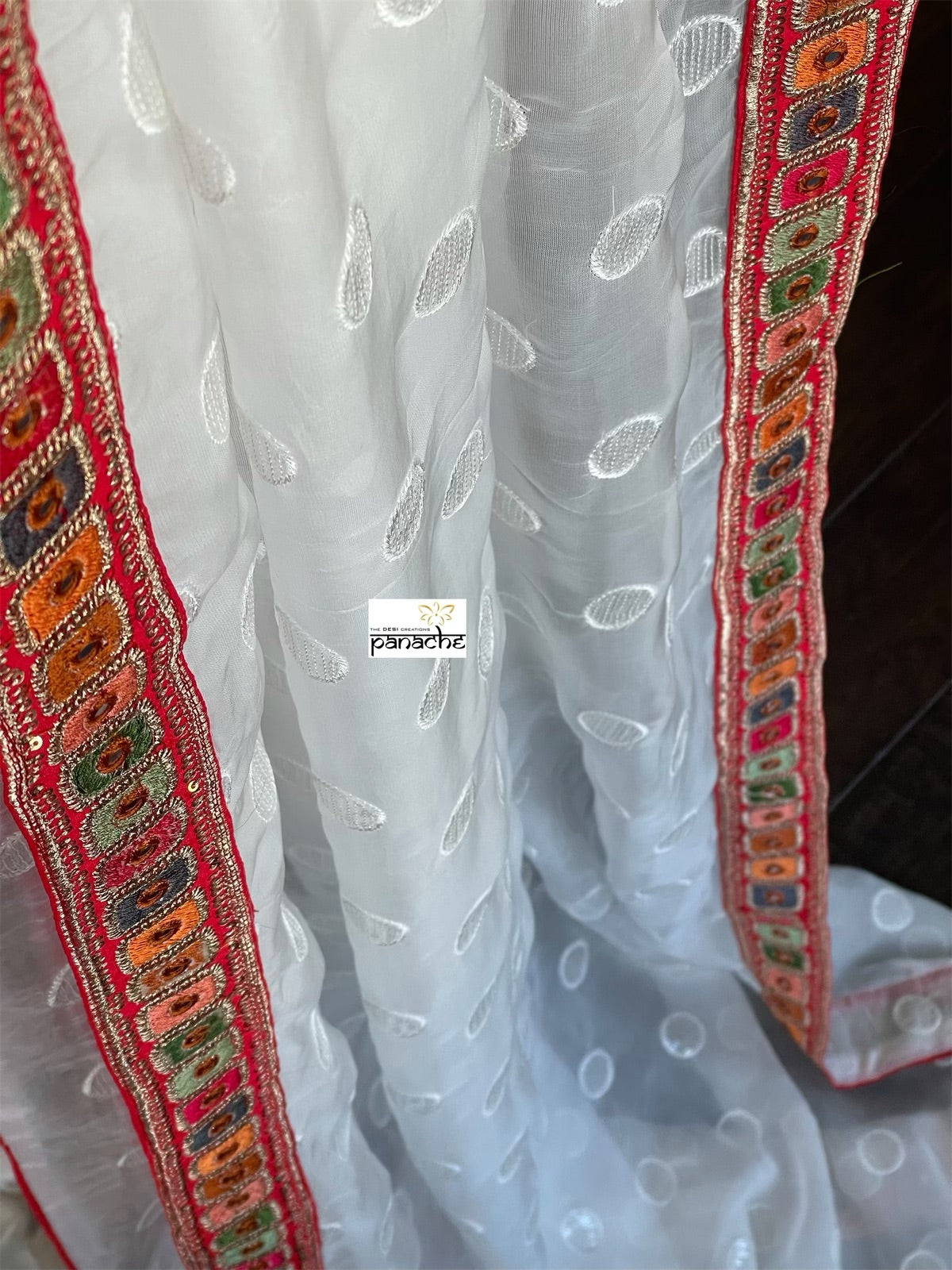 Designer Organza - White Red Sequin woven