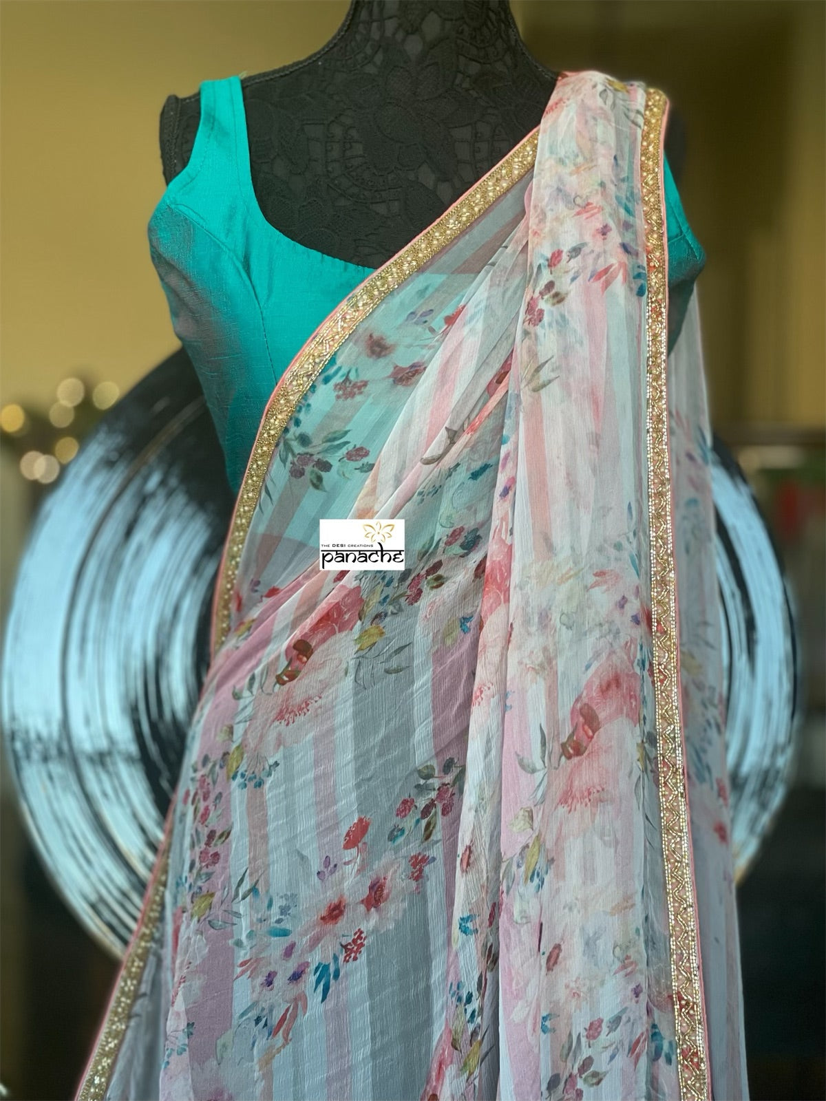 Designer Georgette Striped - Pink Floral