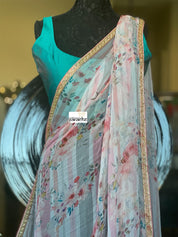 Designer Georgette Striped - Pink Floral