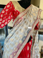 Designer Saree - Golden Tissue Red Soft Silk Half Half