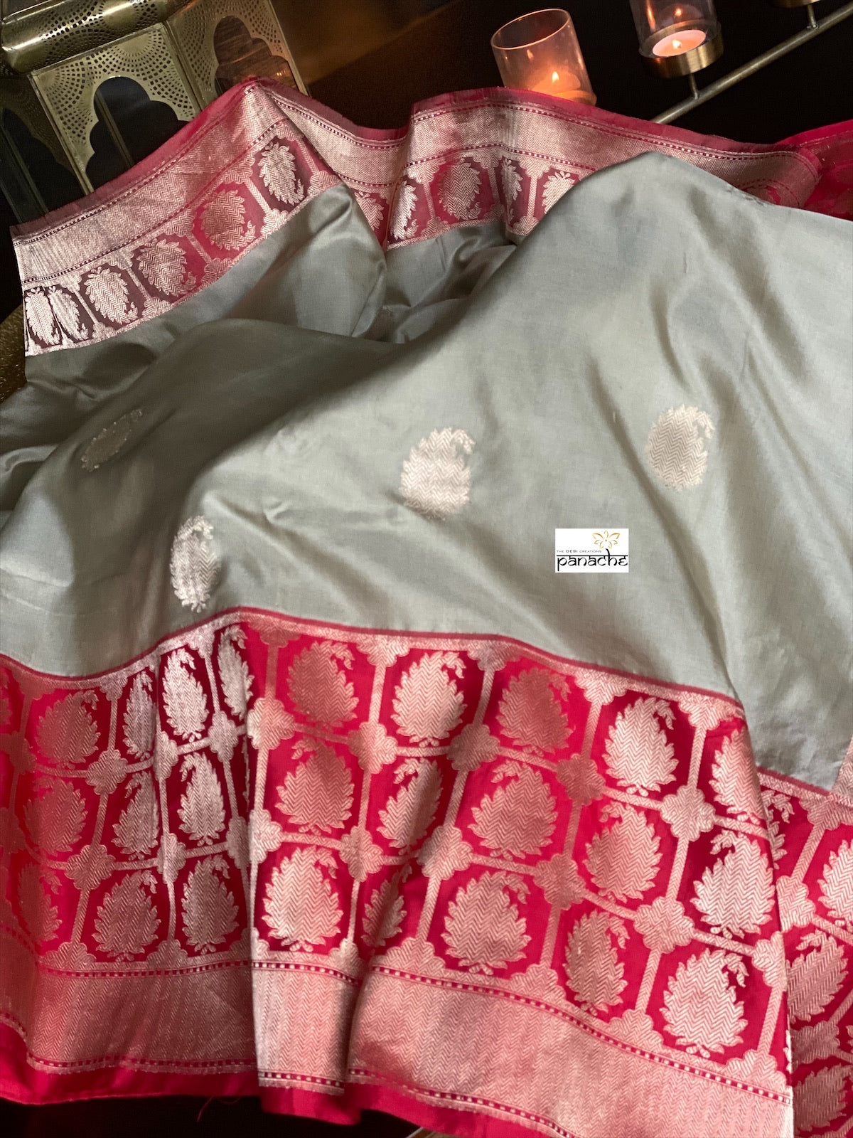Pure Katan Silk Banarasi - Grey Red