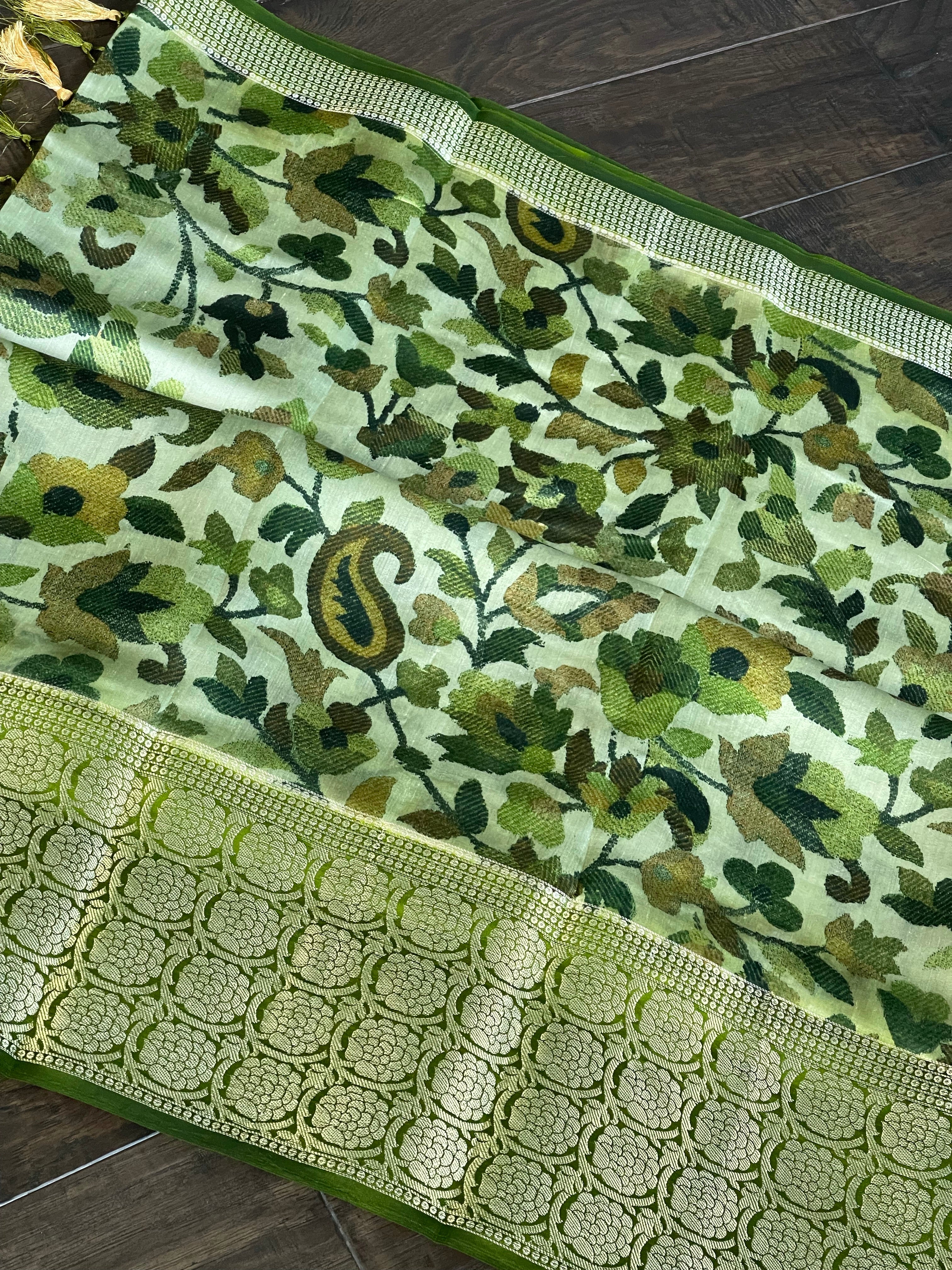 Chiniya Silk Banarasi - Green Pashmina Printed