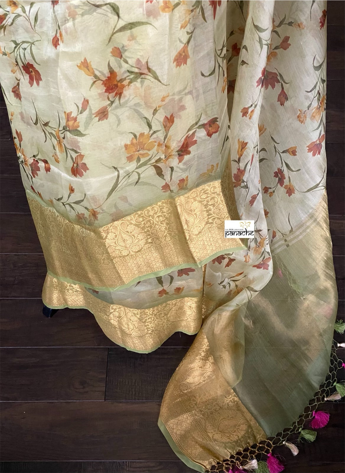 Banarasi Organza Floral - Light Green Golden Border