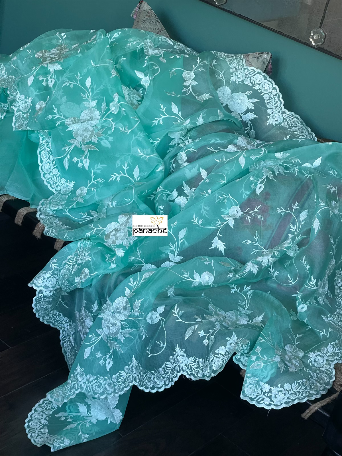 Designer Organza - Sea-Green Embroidered