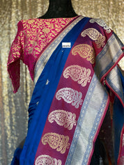 Pure Silk Katan Banarasi - Blue Magenta Maroon Kadhwa