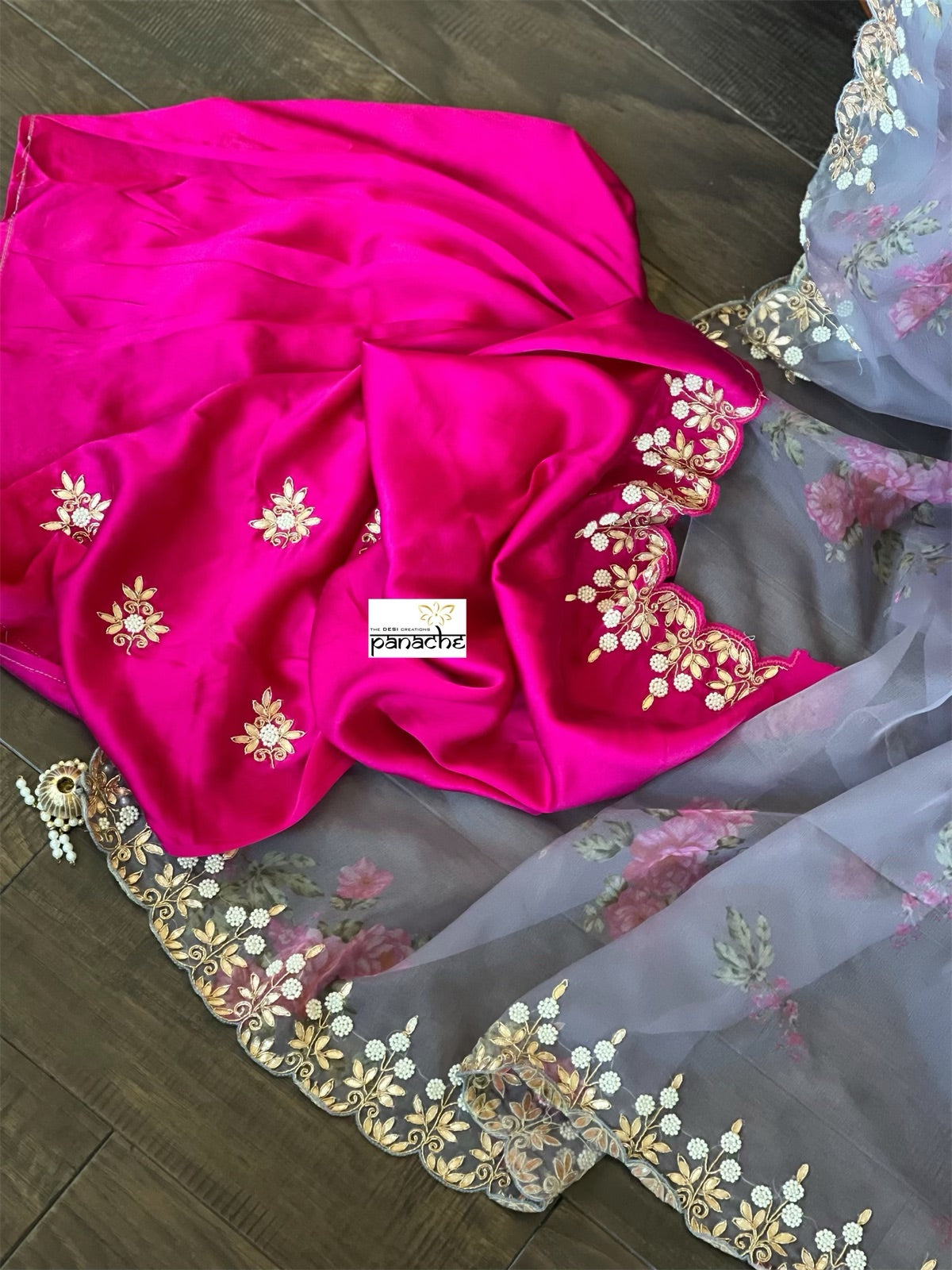 Designer Organza Floral - Bluish Grey Handwork Border