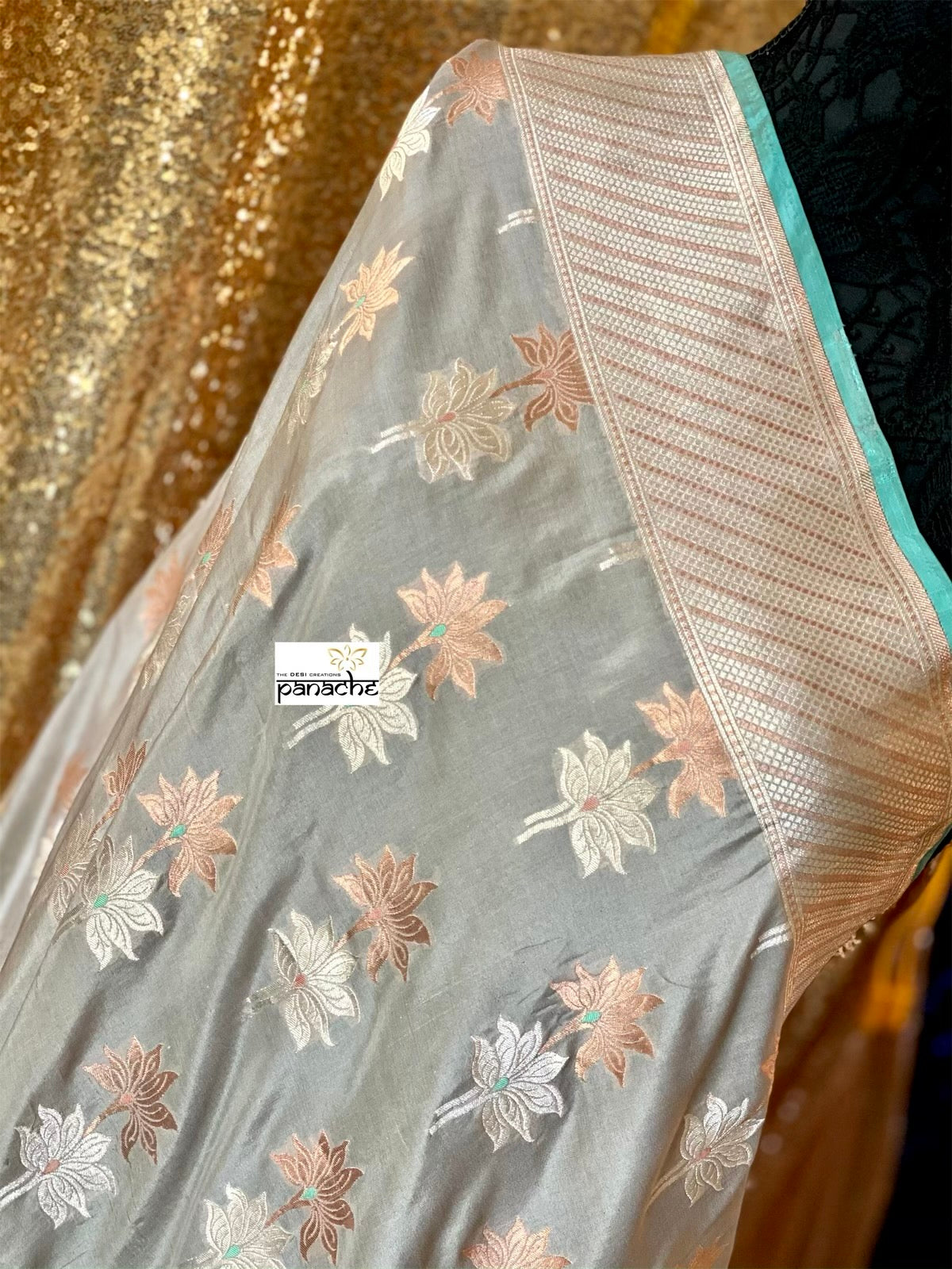 Pure Katan Silk Banarasi - Grey Kadhwa woven