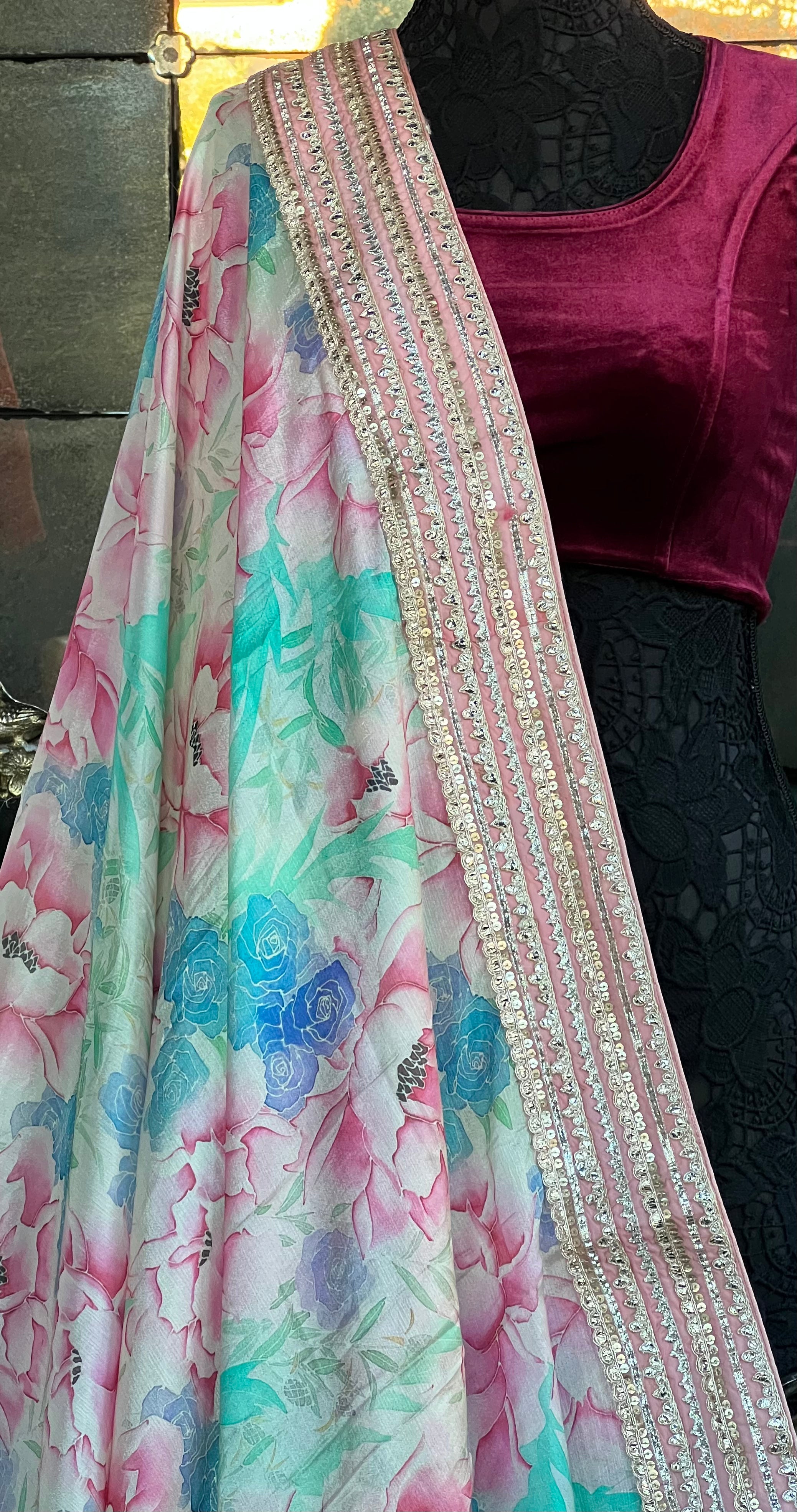 Designer Chiffon  - Pink Sea Green Multi color
