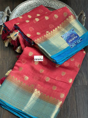 Mulmul Cotton Banarasi - Raspberry Red Firozi Golden Zari