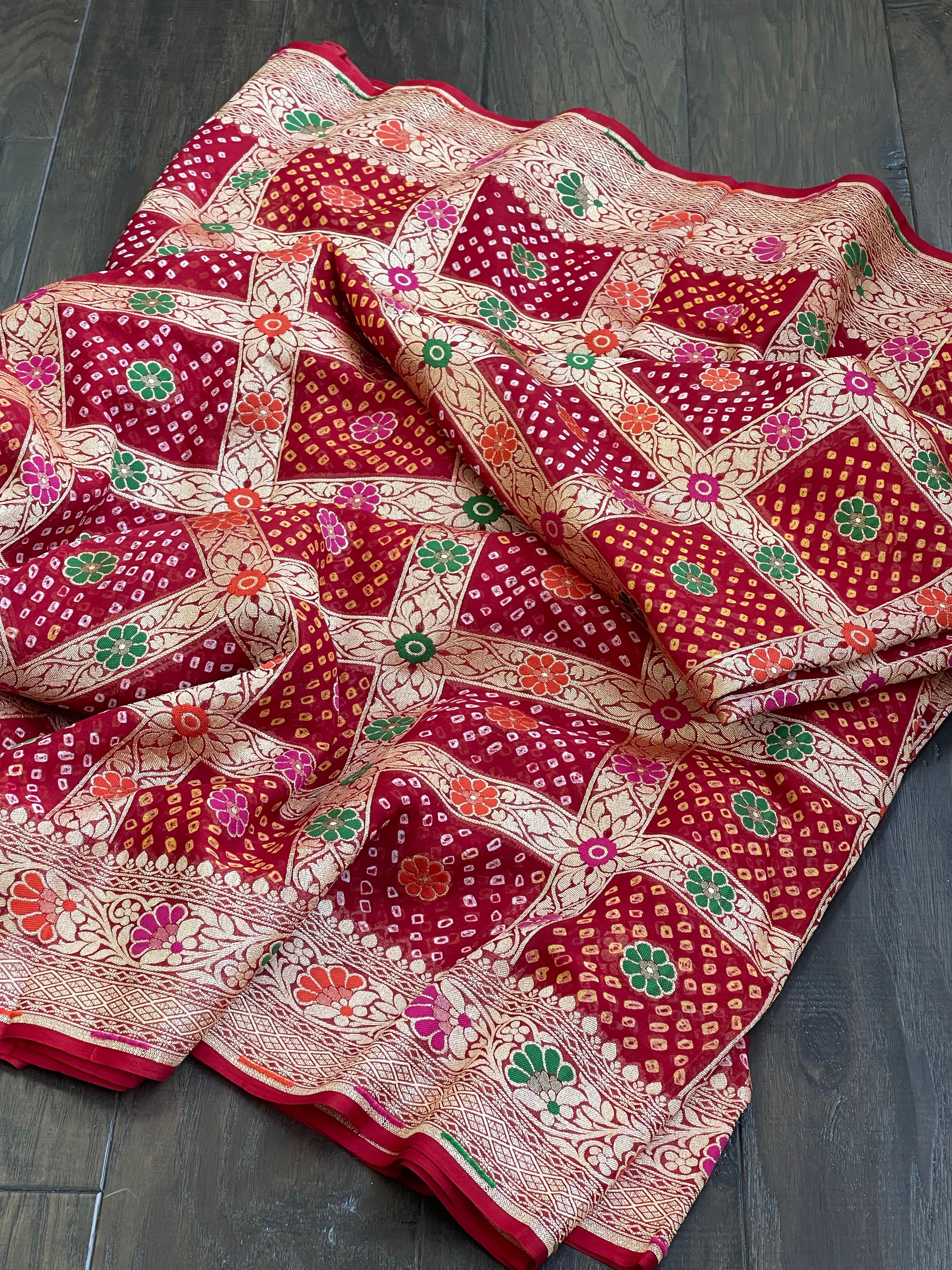Bandhej Khaddi Georgette Banarasi - Red Gharchola