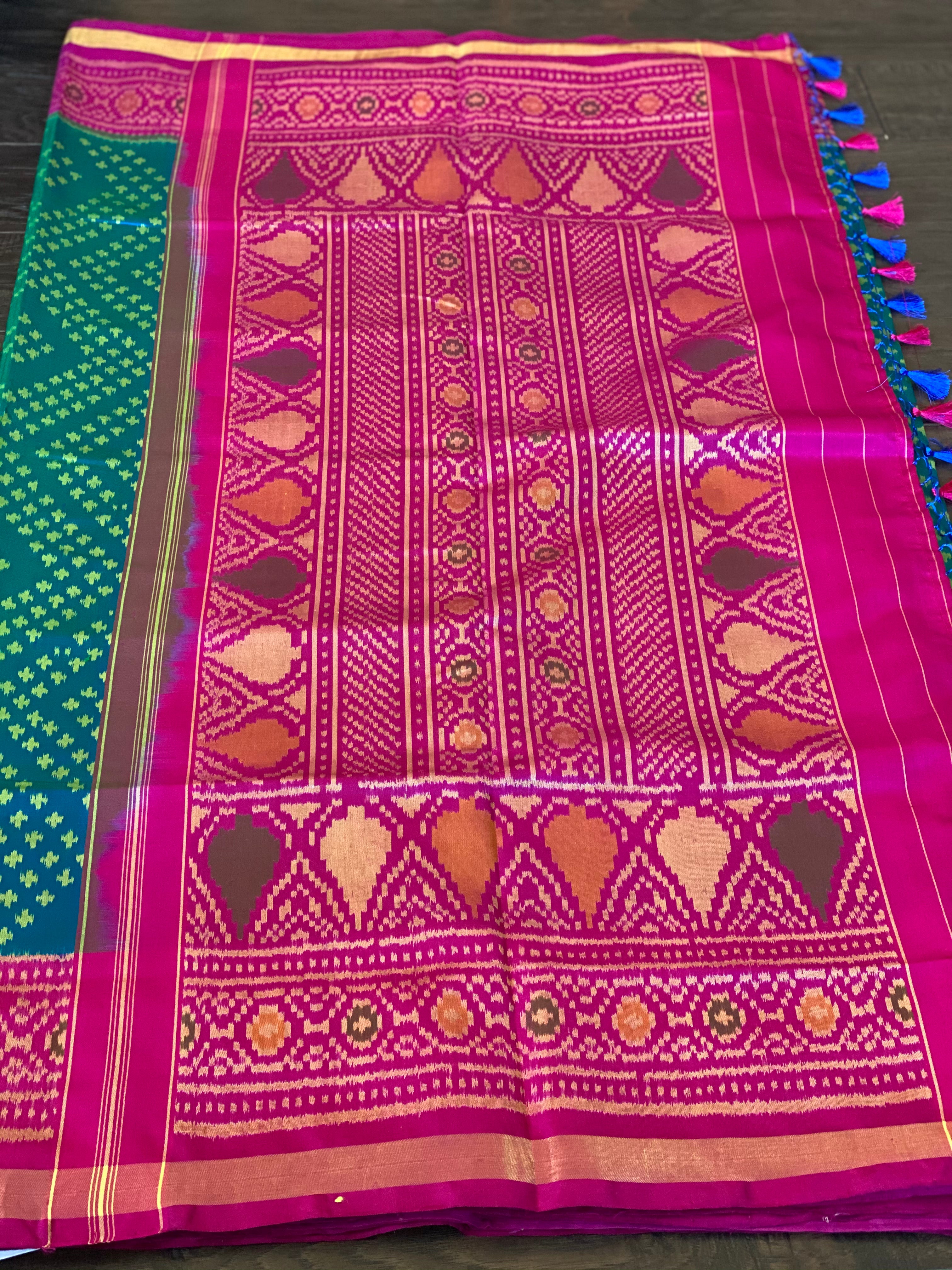 Pure Silk Ikat -  Firozi Sea Green Magenta