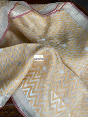 Linen By Kora Silk Banarsi - Off White Yellow Chevron