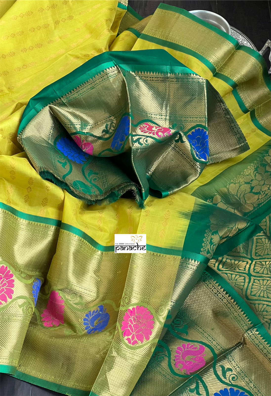 Pure Silk Kanjivaram - Lemon Yellow Green