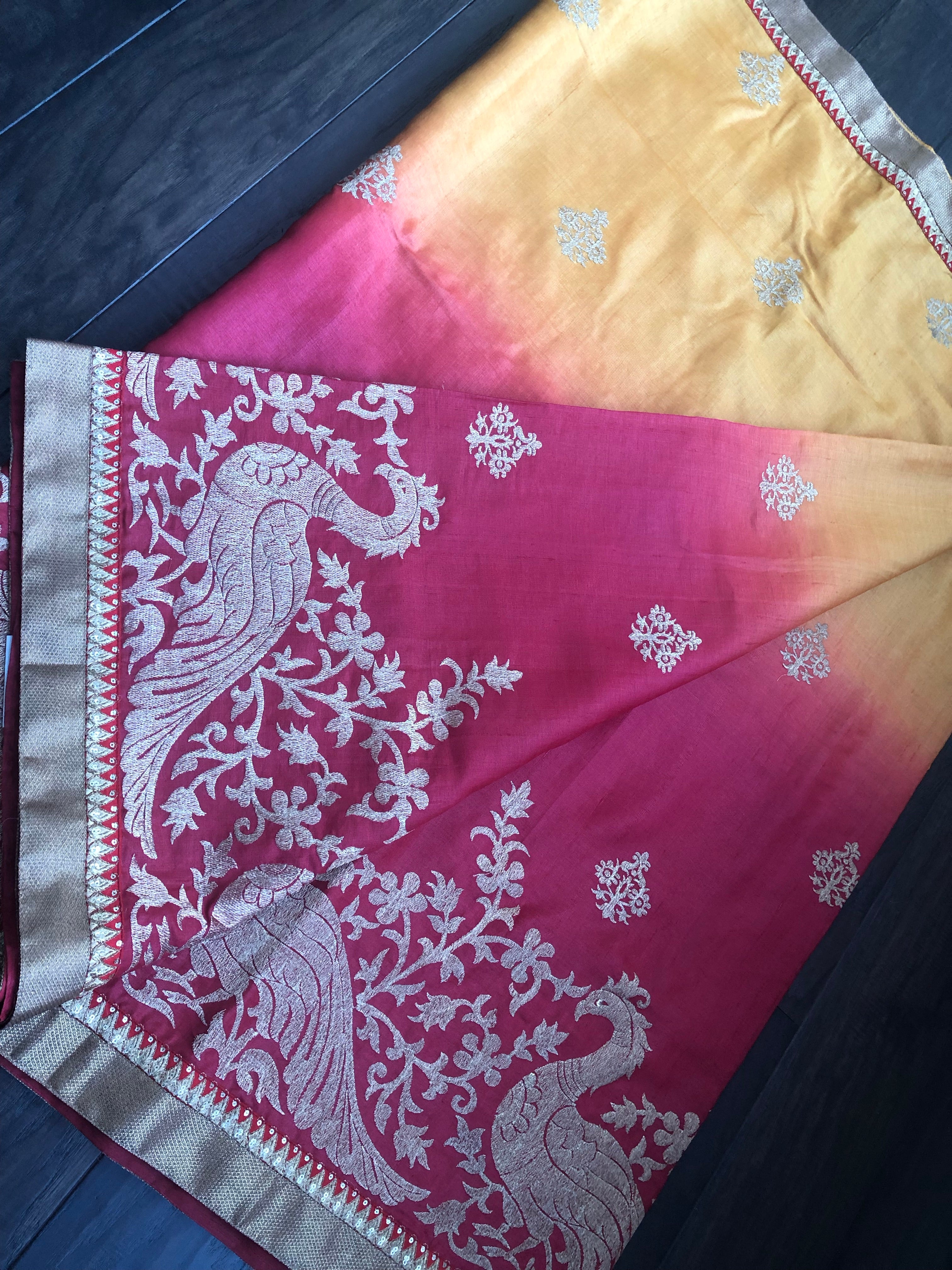 Designer Tussar Silk - Golden Yellow Raspberry Red