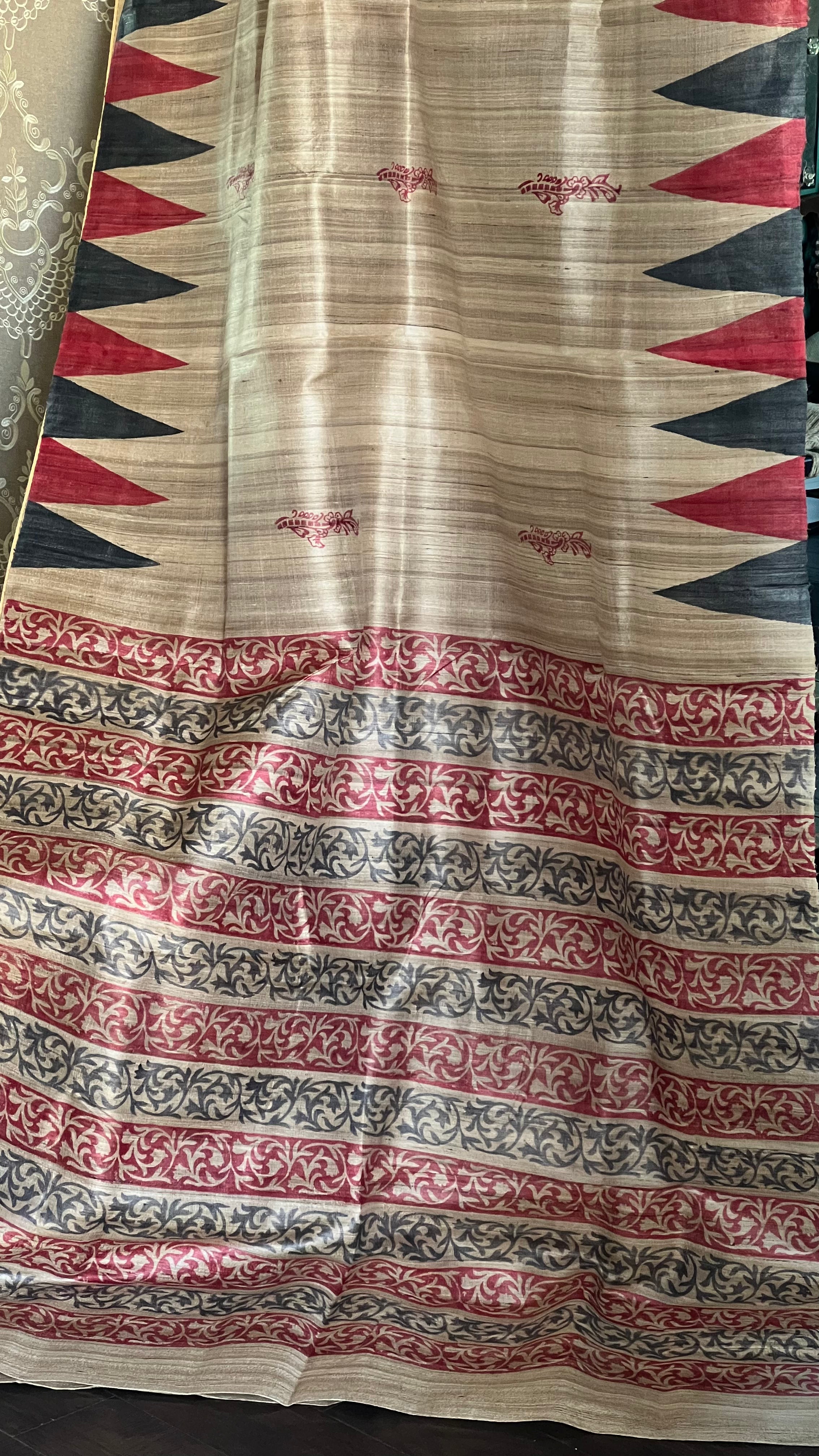Gicha Tussar Silk Printed - Beige Red Black