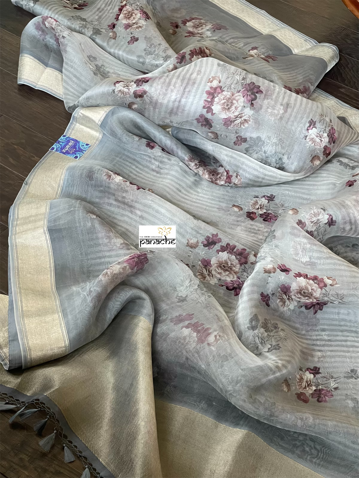 Banarasi Organza Floral - Grey Antique Golden Zari