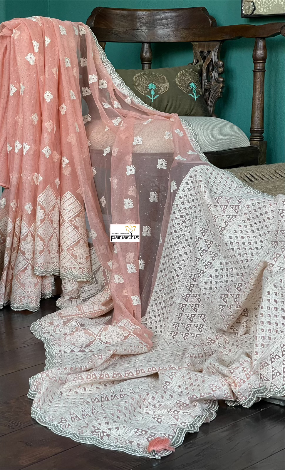 Designer Pure Net Embroidered - Peach