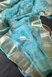 Banarasi Organza Floral - Seagreen Golden Zari Checks