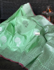 Katan Silk Banarasi - Mint Green Khadwa Silver Zari Woven
