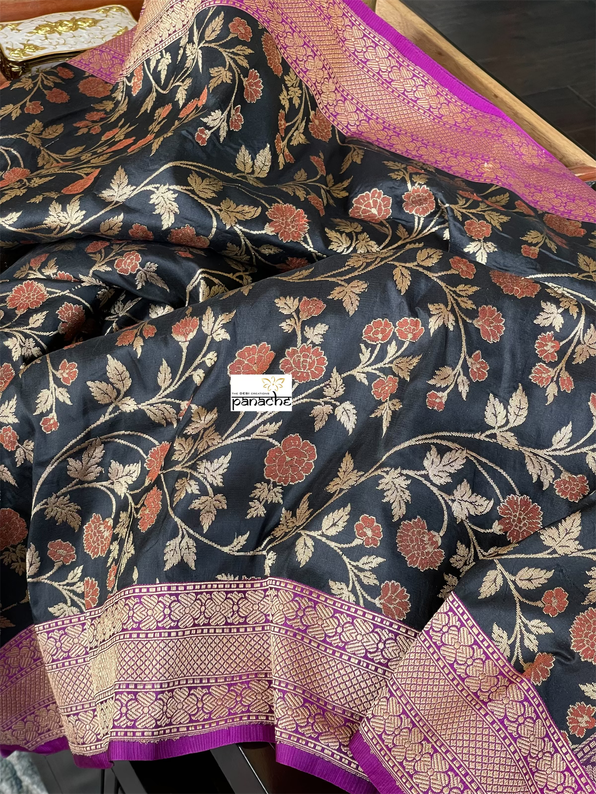 Pure Silk Jangla Banarasi - Black Magenta Purple Antique Golden Zari