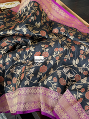 Pure Silk Jangla Banarasi - Black Magenta Purple Antique Golden Zari