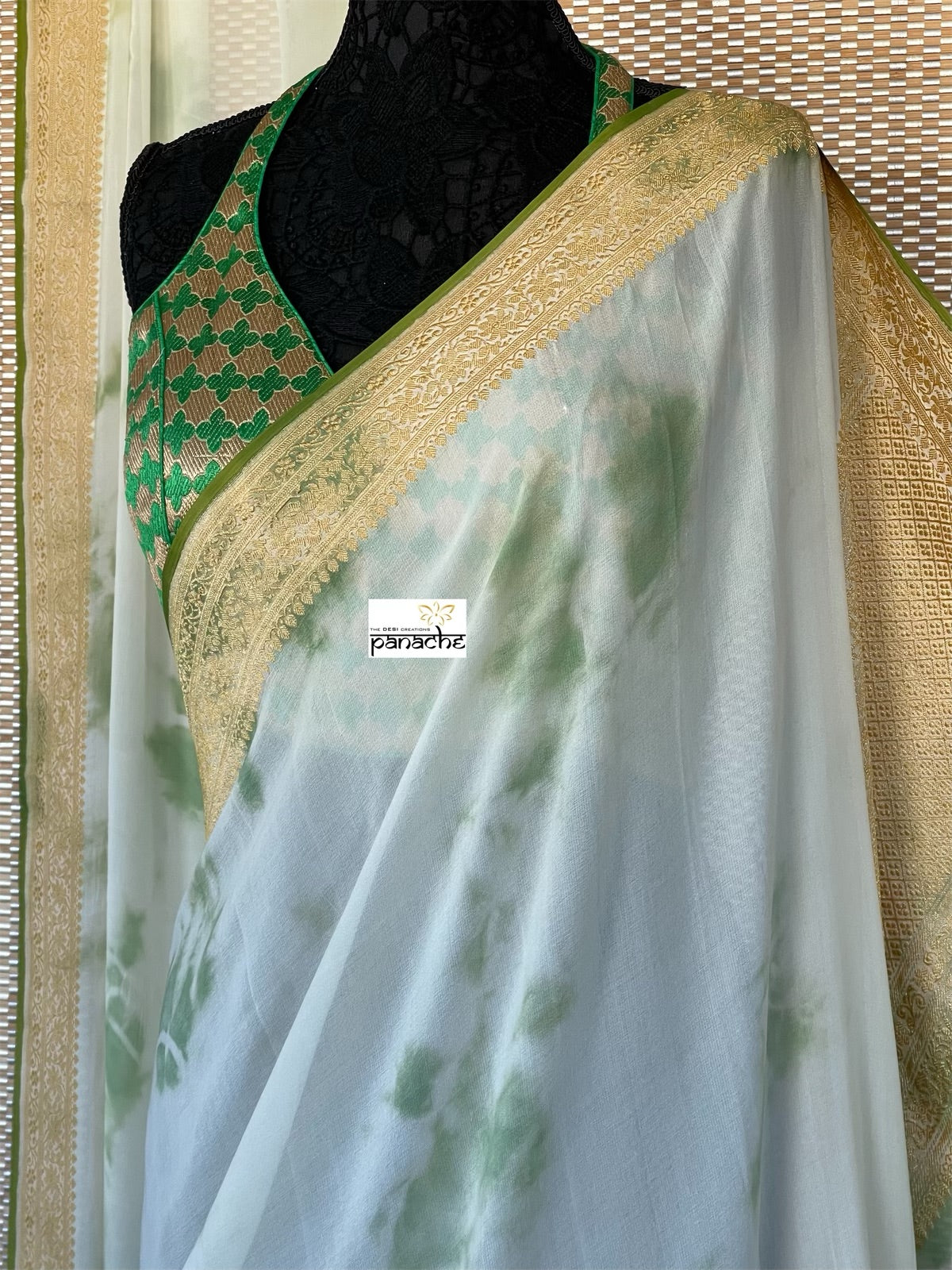Khaddi Georgette Banarasi - Off-White Green Tie-dye Khadhua Woven
