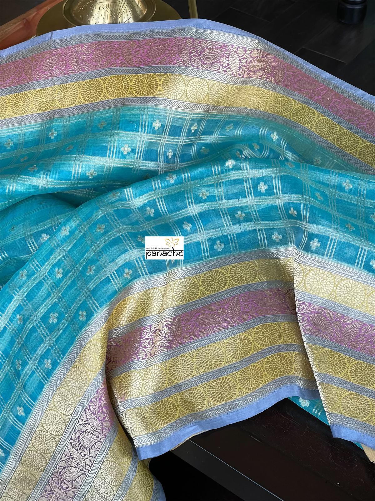 Organza Silk Banarasi - Blue Checkered