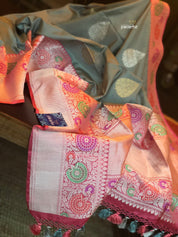 Pure Katan Silk Benarasi - Grey Golden Silver Zari