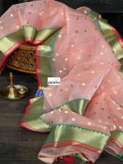 Pure Chanderi Organza Silk - Light Peach Pink Eknaliya
