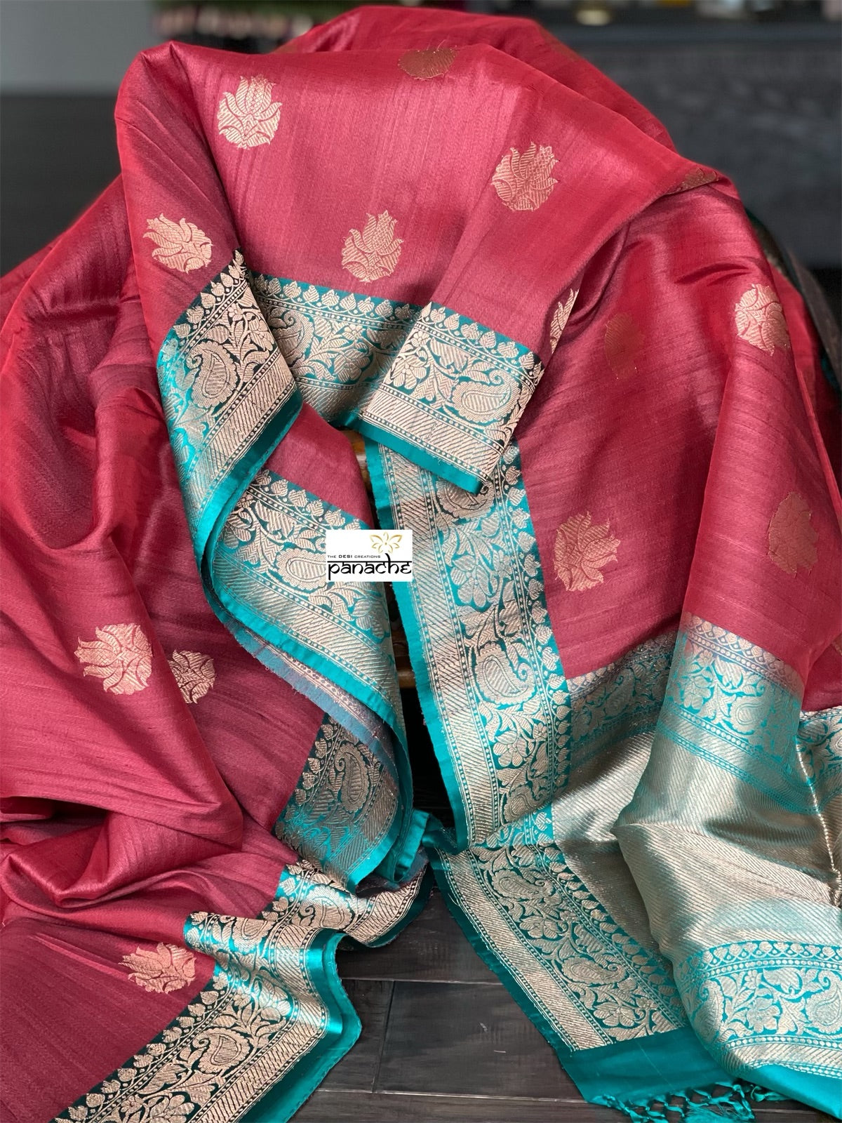 Tussar Silk Banarasi - Brick Red Pink