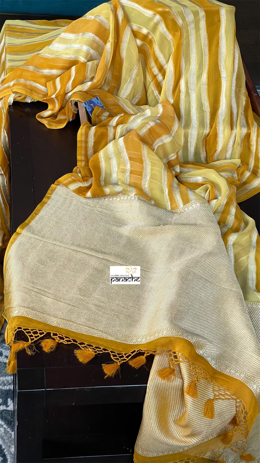 Khaddi Georgette Banarasi - Off-White Ochre Yellow Striped