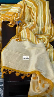 Khaddi Georgette Banarasi - Off-White Ochre Yellow Striped