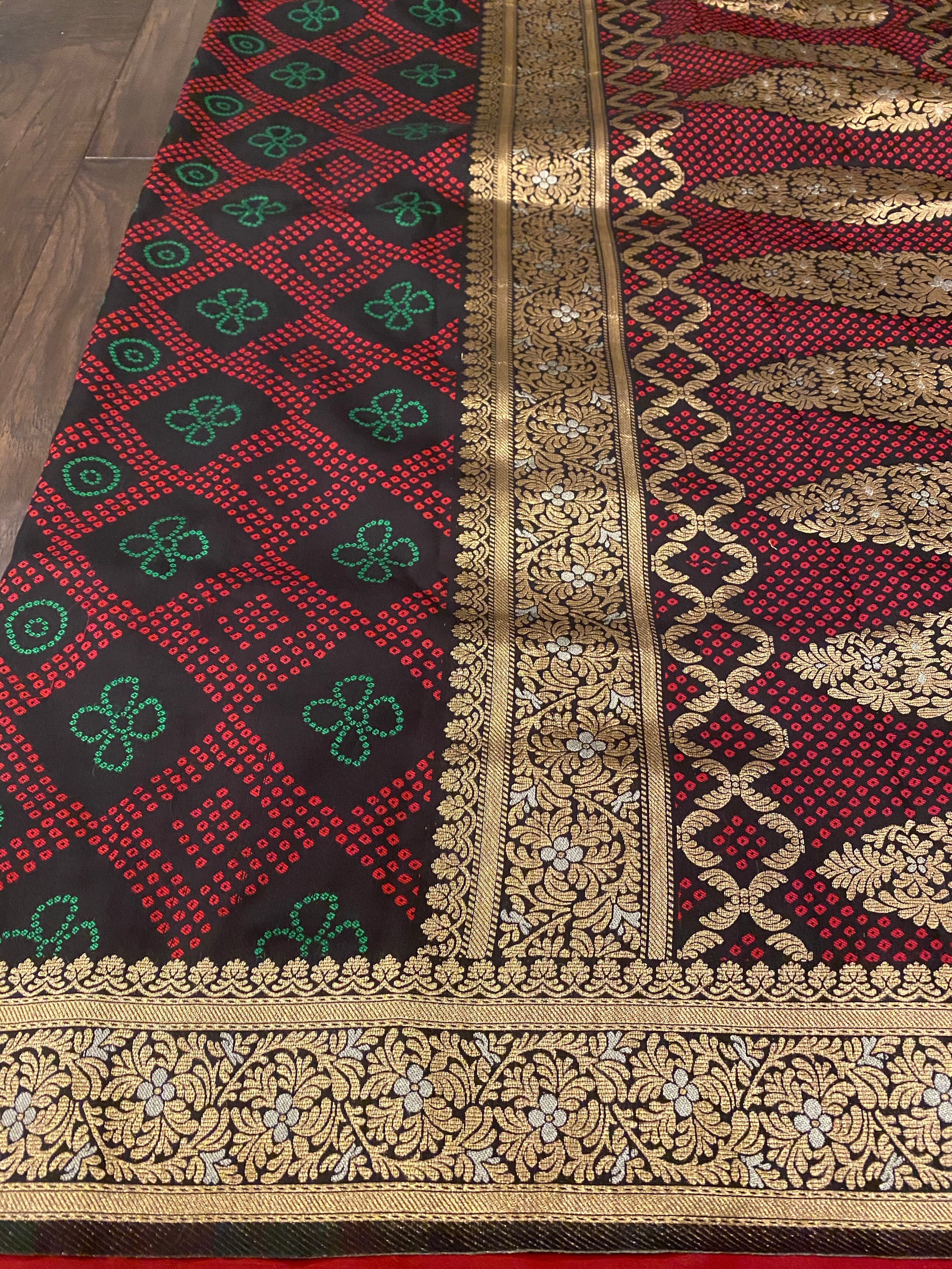 Soft Silk Bandhni Banarasi - Black Maroon Green