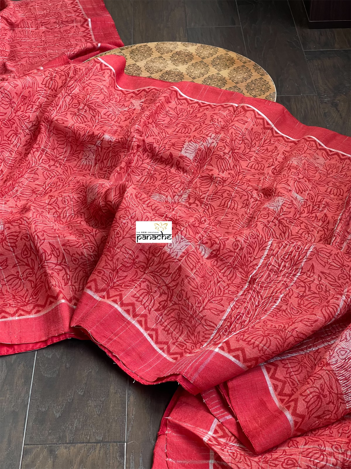 Linen Printed - Red Rust Silver Zari