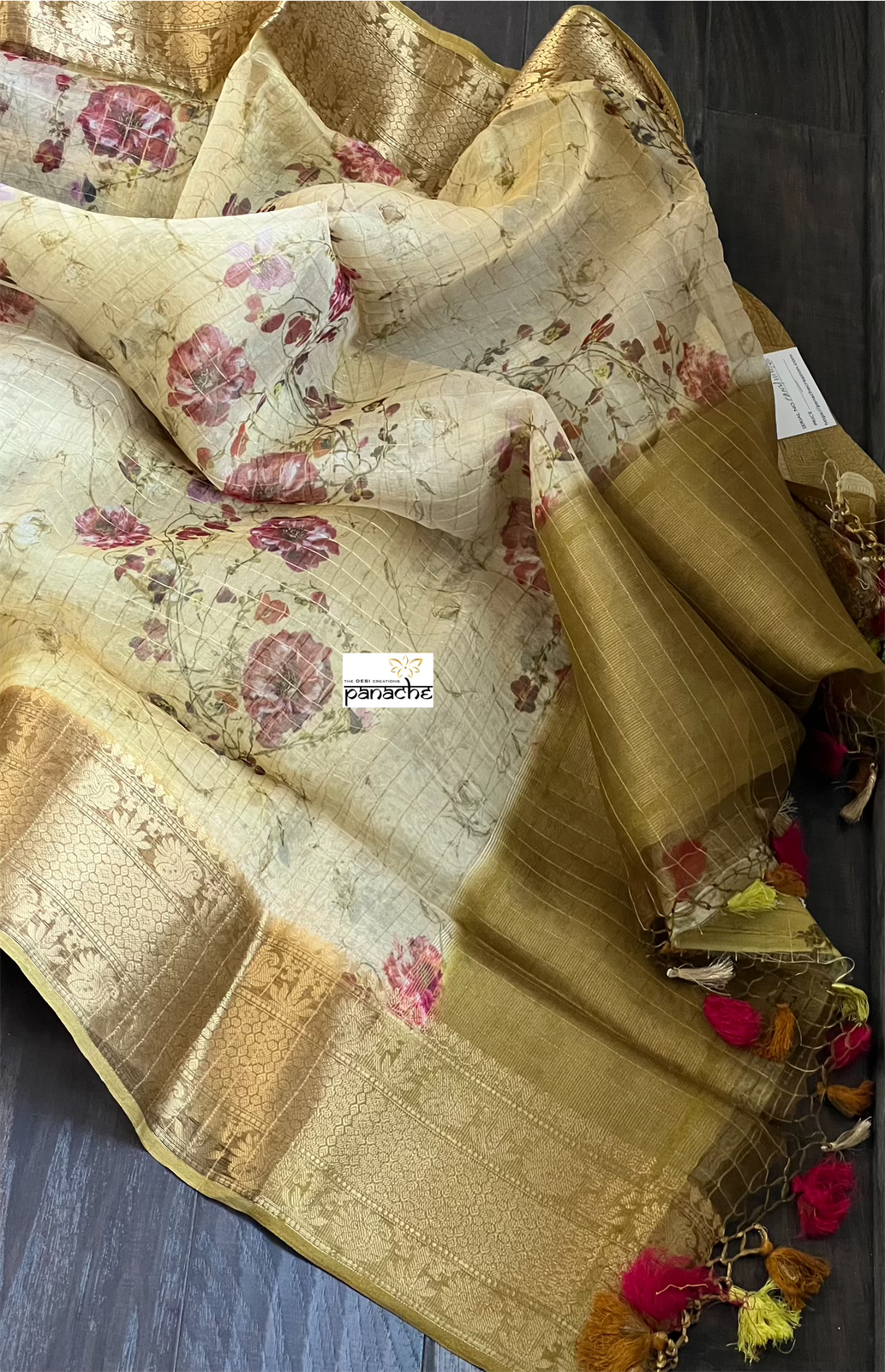Banarasi Organza Floral - Light Brown Golden Zari Checks