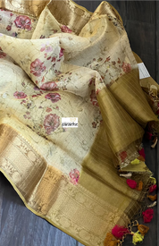 Banarasi Organza Floral - Light Brown Golden Zari Checks