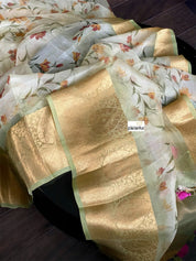 Banarasi Organza Floral - Light Green Golden Border