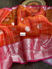 South Cotton Silk - Orange Zari Checkered