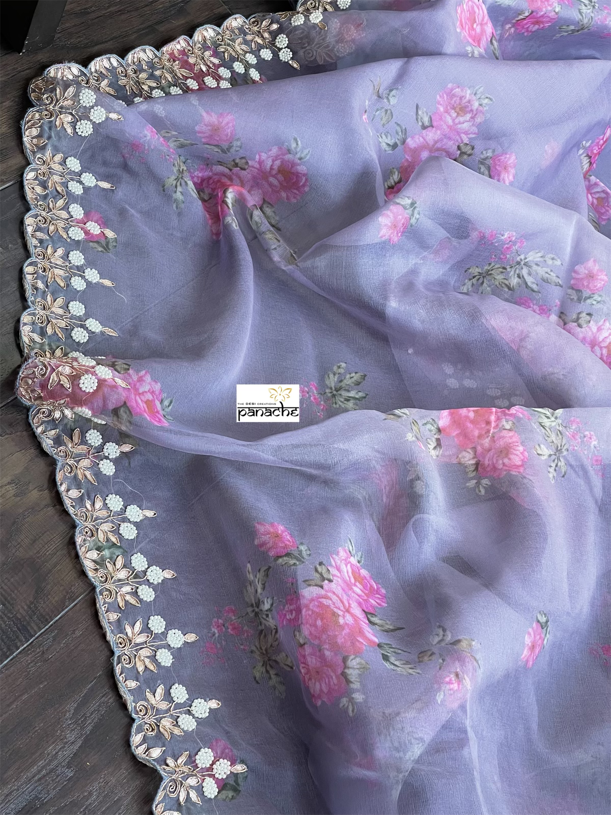 Designer Organza Floral - Bluish Grey Handwork Border