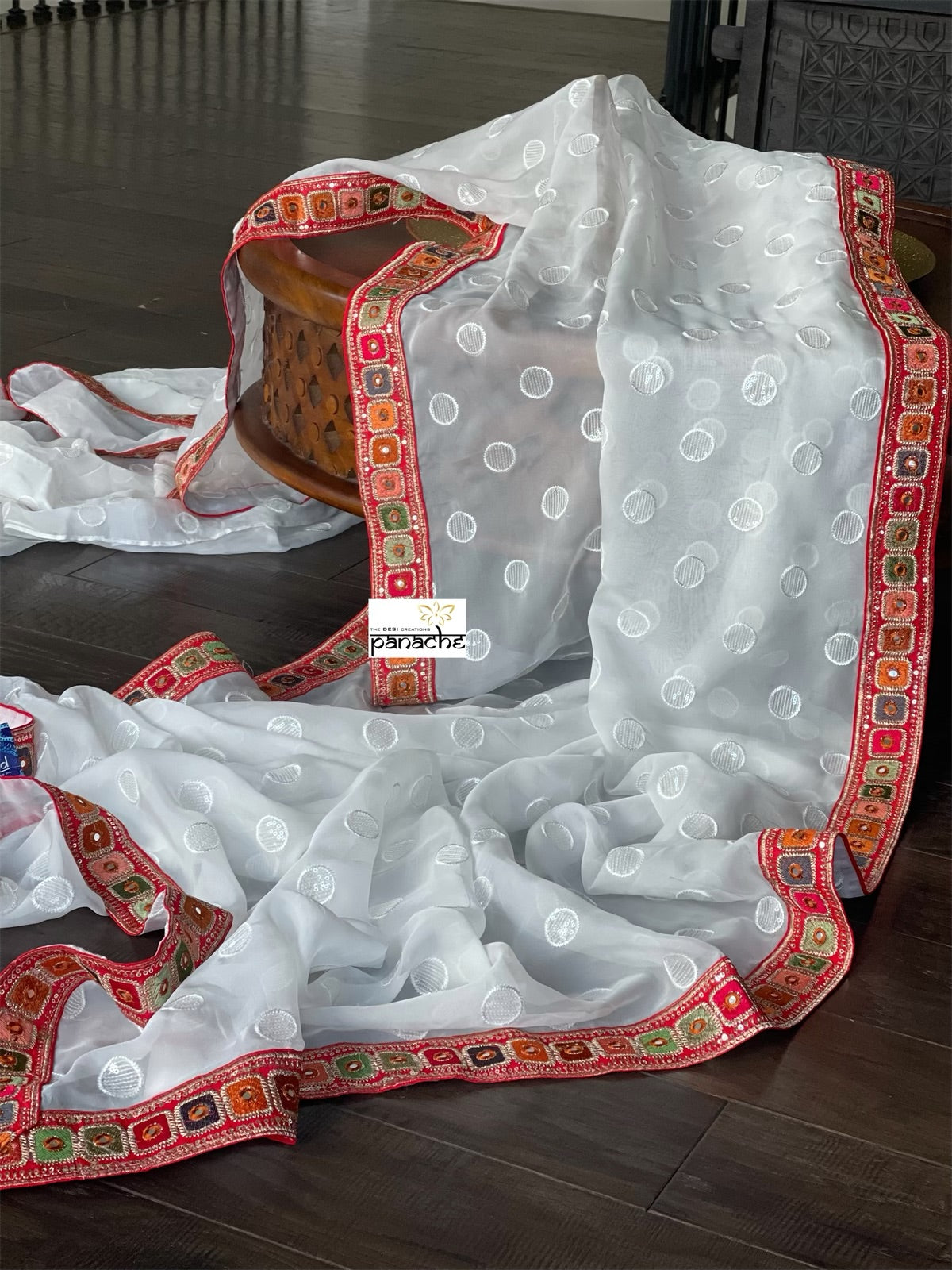 Designer Organza - White Red Sequin woven